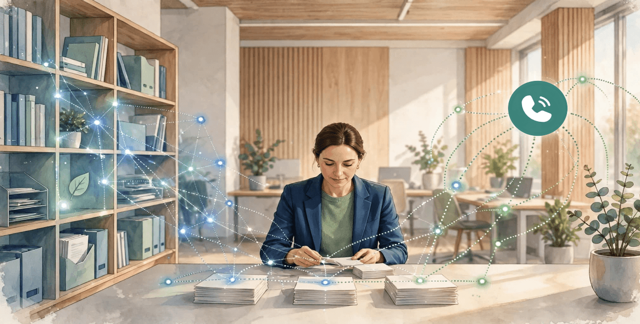 A support specialist at a desk reviews conversation cards linked to a shared knowledge library and customer care channel.