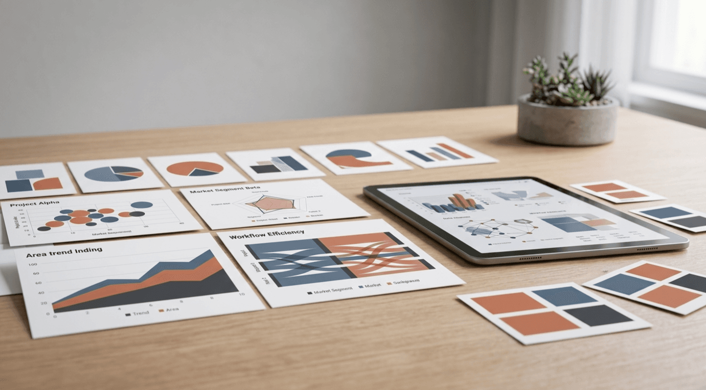 Printed slide storyboard and tablet with draft slides beside blue and coral color swatches for AI presentation design.